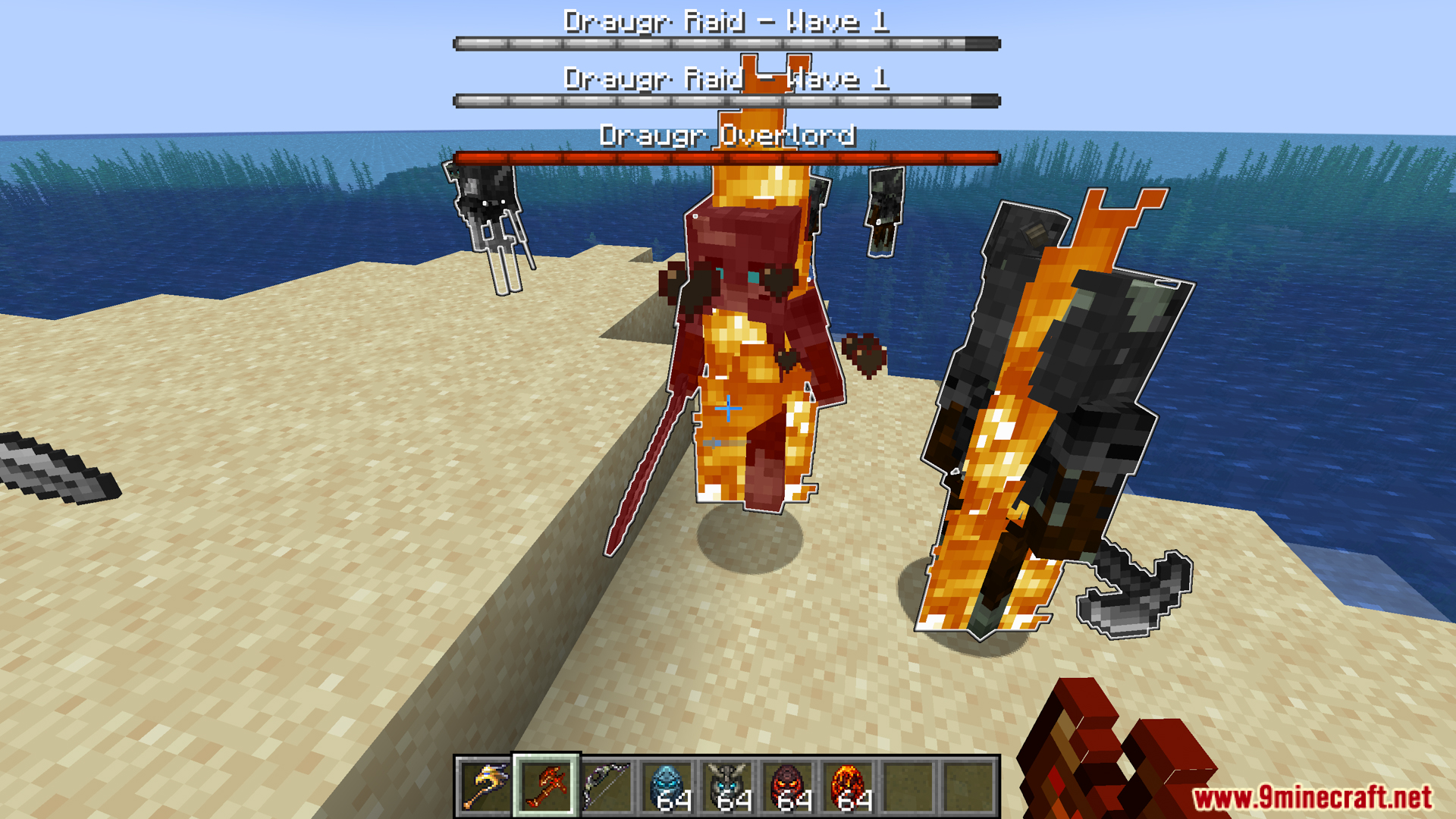 Player attacking burning Draugr enemies during wave one of the raid