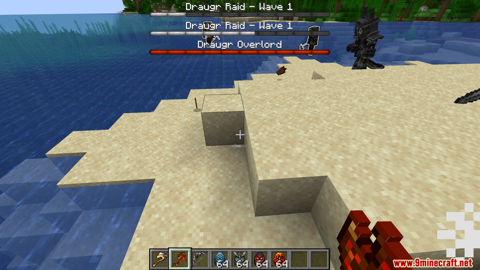 Player facing a tall armored enemy during Draugr raid wave one