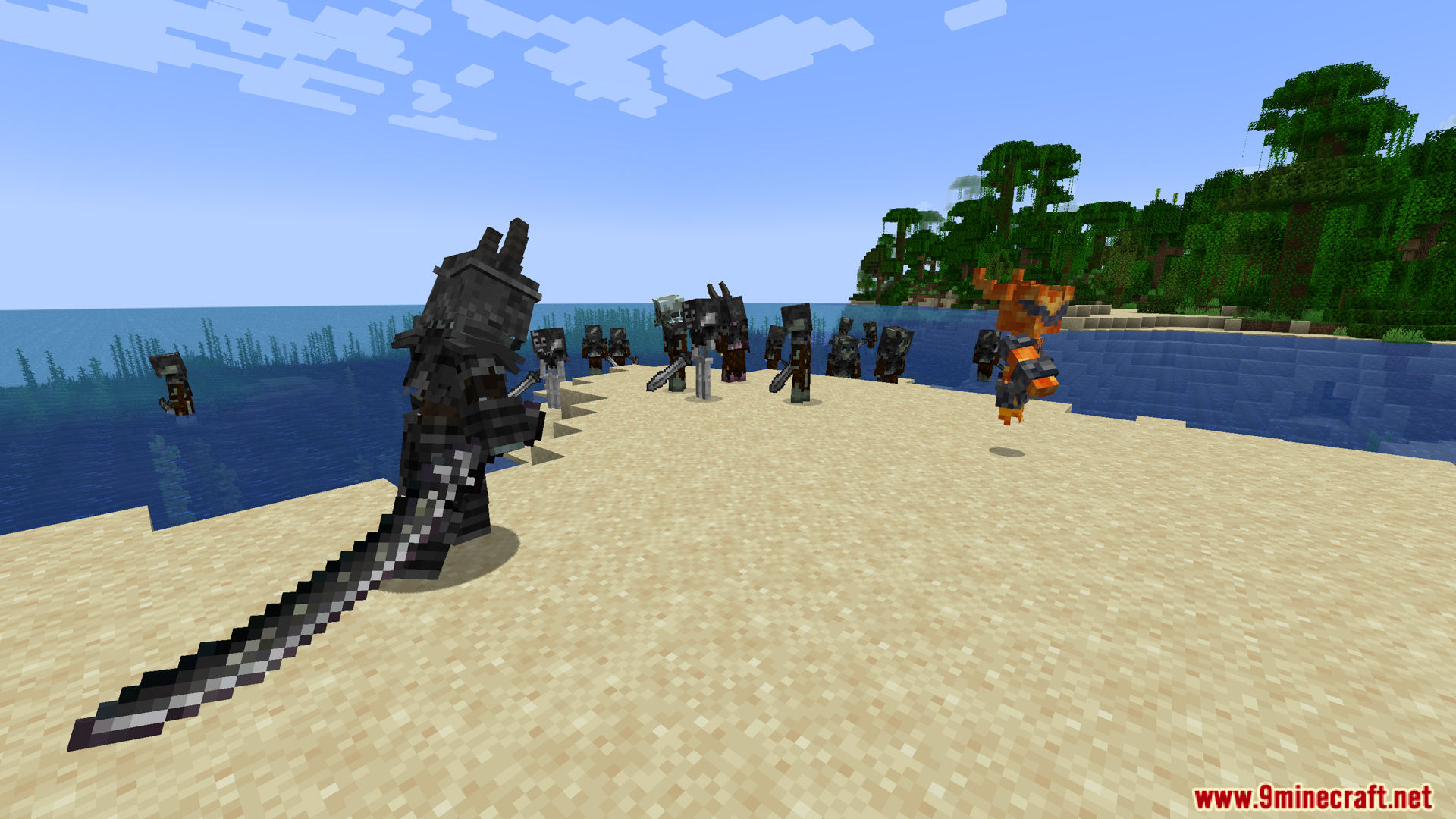 Player with large sword facing Draugr enemies in Mebahels Creatures mod