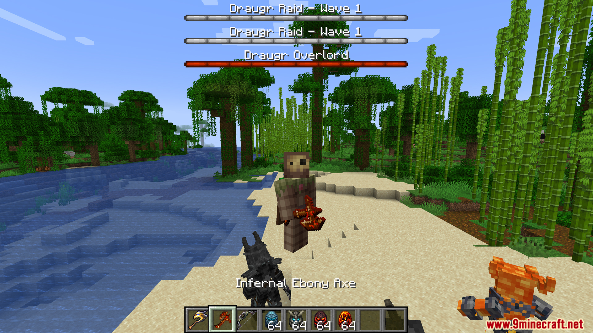 Player fighting the Draugr Overlord boss with an Infernal Ebony Axe