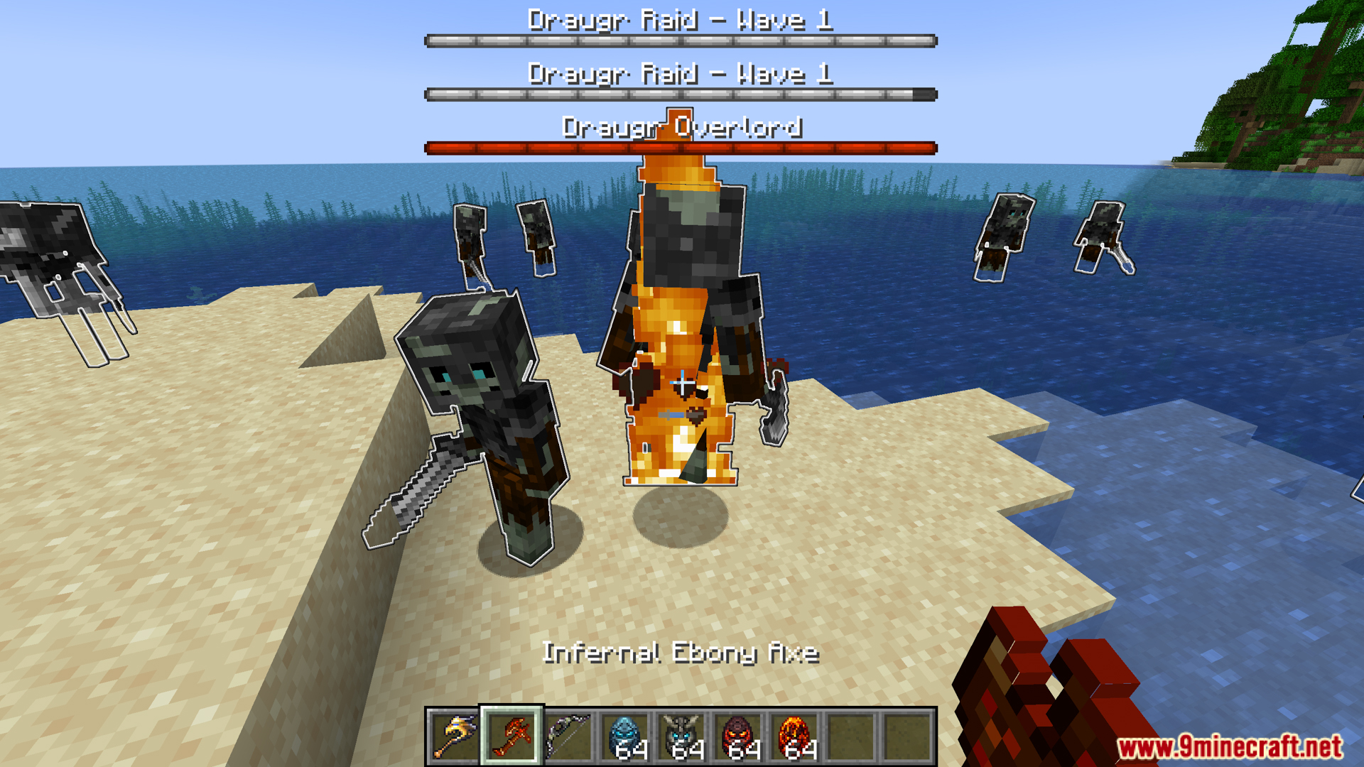 Player fighting Draugr Overlord during wave one in Mebahels Creatures mod