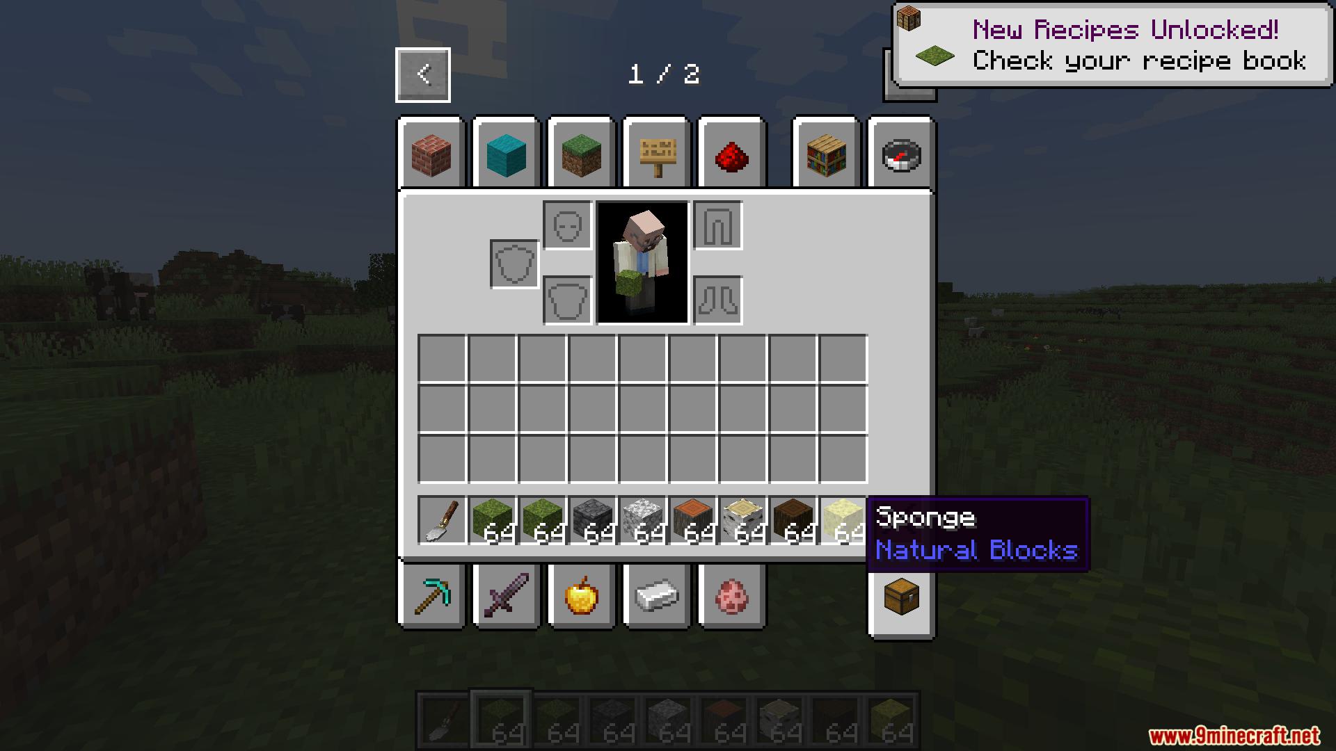 Player inventory showing various blocks and sponge in hotbar