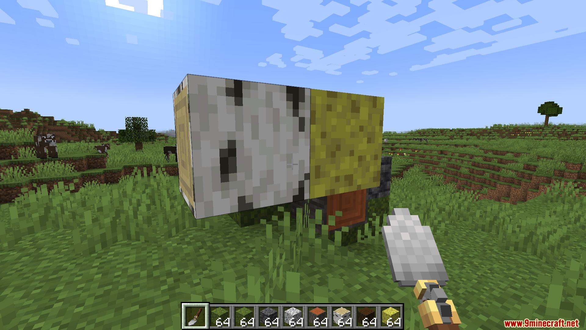 Player using Mech Trowel to place random blocks like birch and sponge