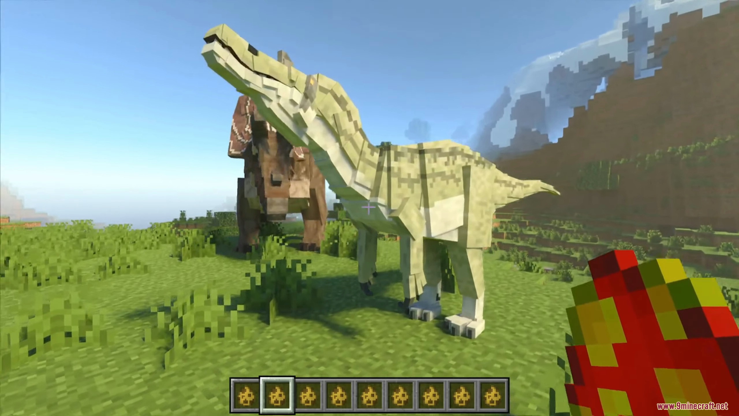 Scientifically accurate bipedal dinosaur species roaming in the grassy overworld