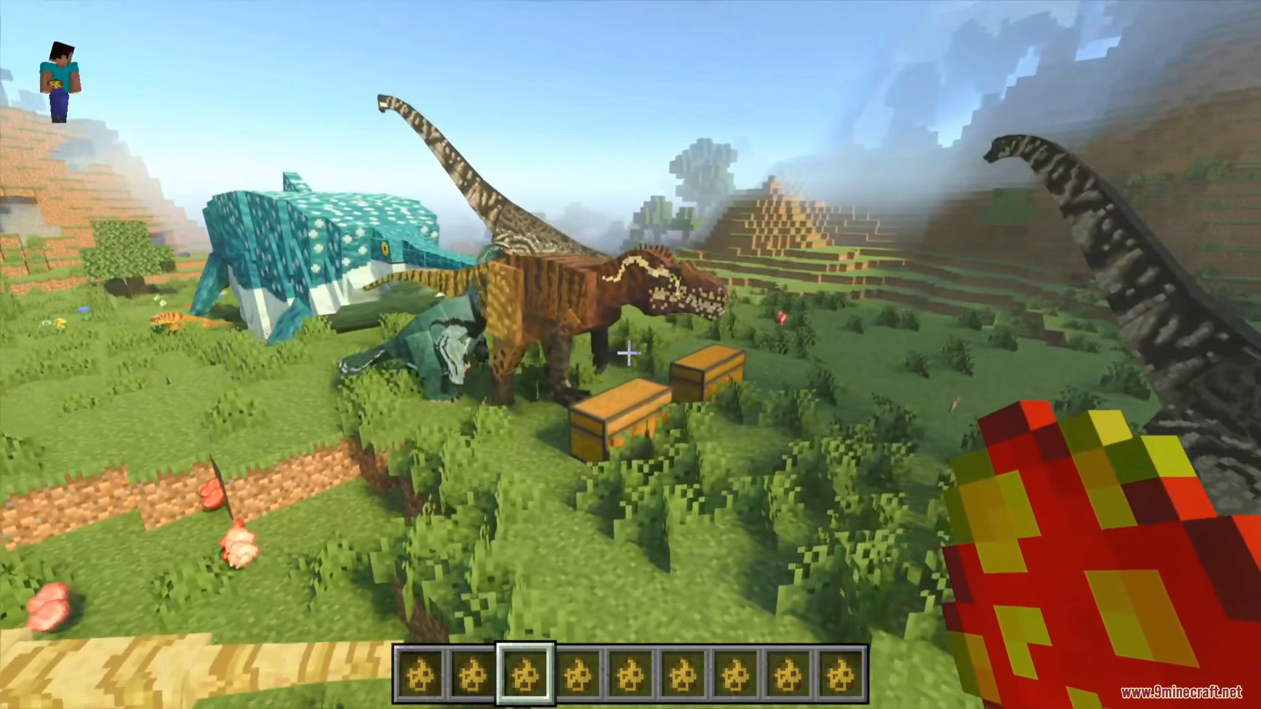 Several scientifically accurate prehistoric dinosaur species gathered near wooden chests