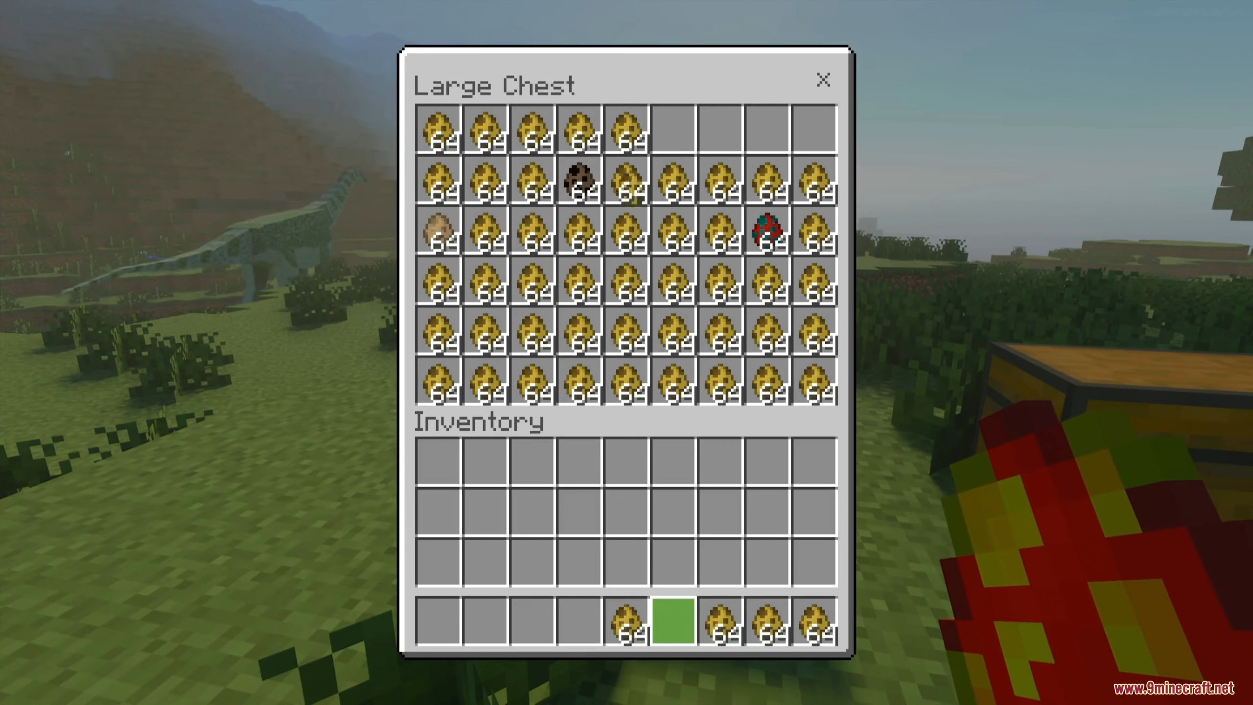 Large chest inventory filled with many different dinosaur species spawn eggs
