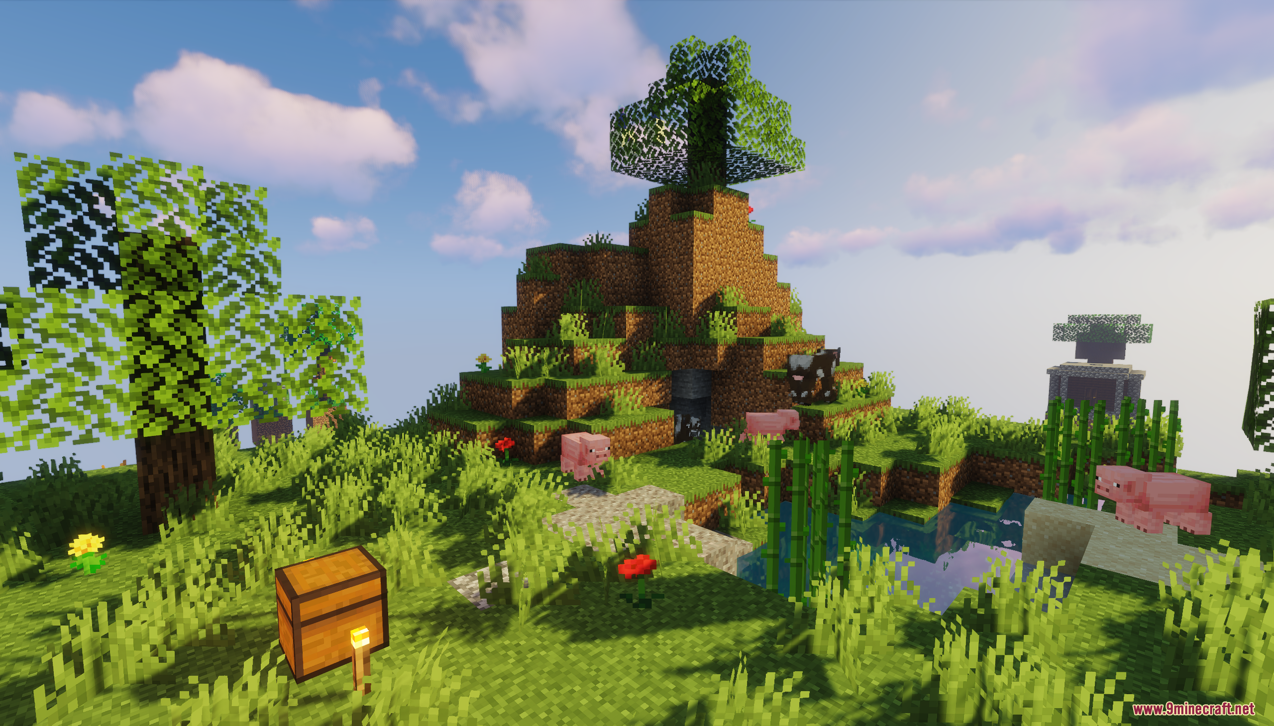 A peaceful starting island with pigs and a chest
