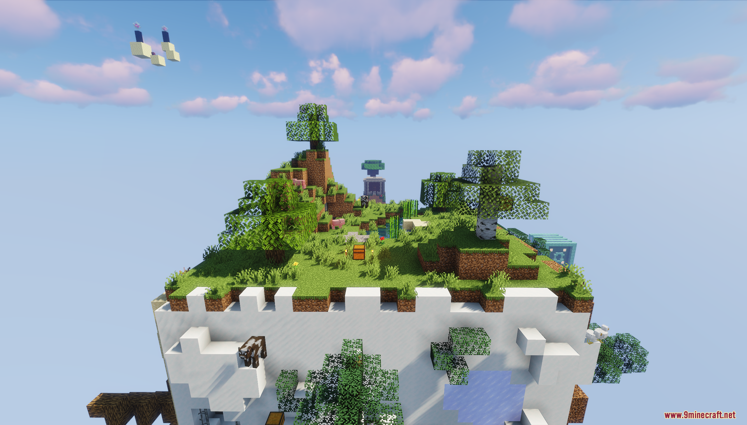 A massive cube island with grass and snow biomes