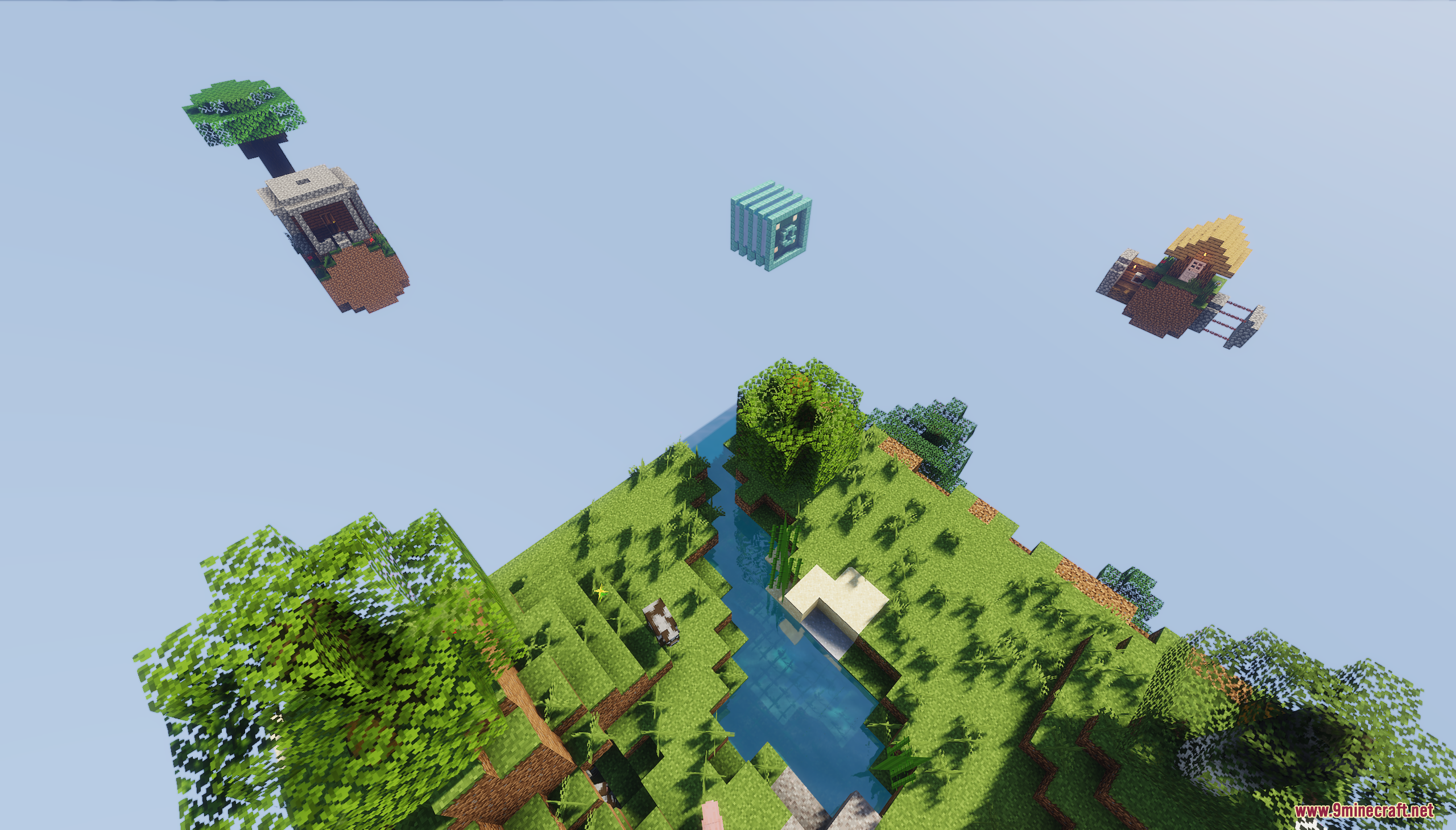 Several unique floating islands scattered across the sky