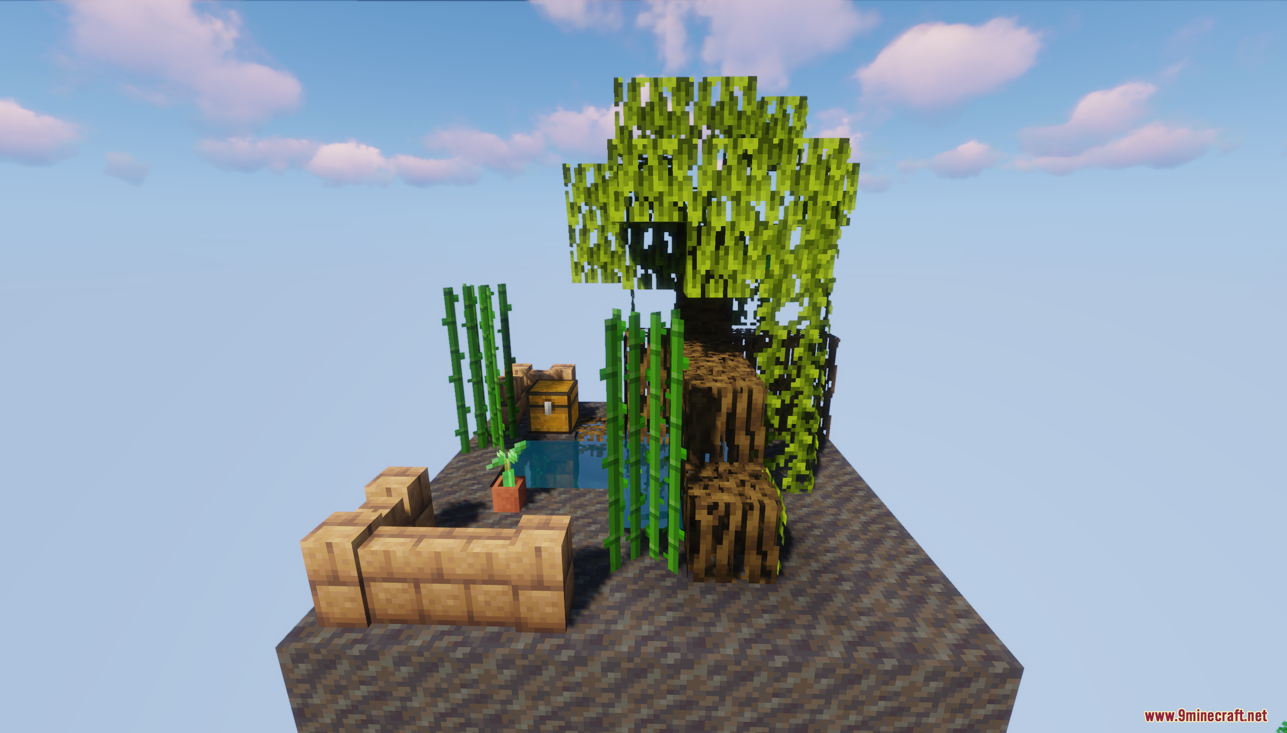 A small floating island with a chest and bamboo