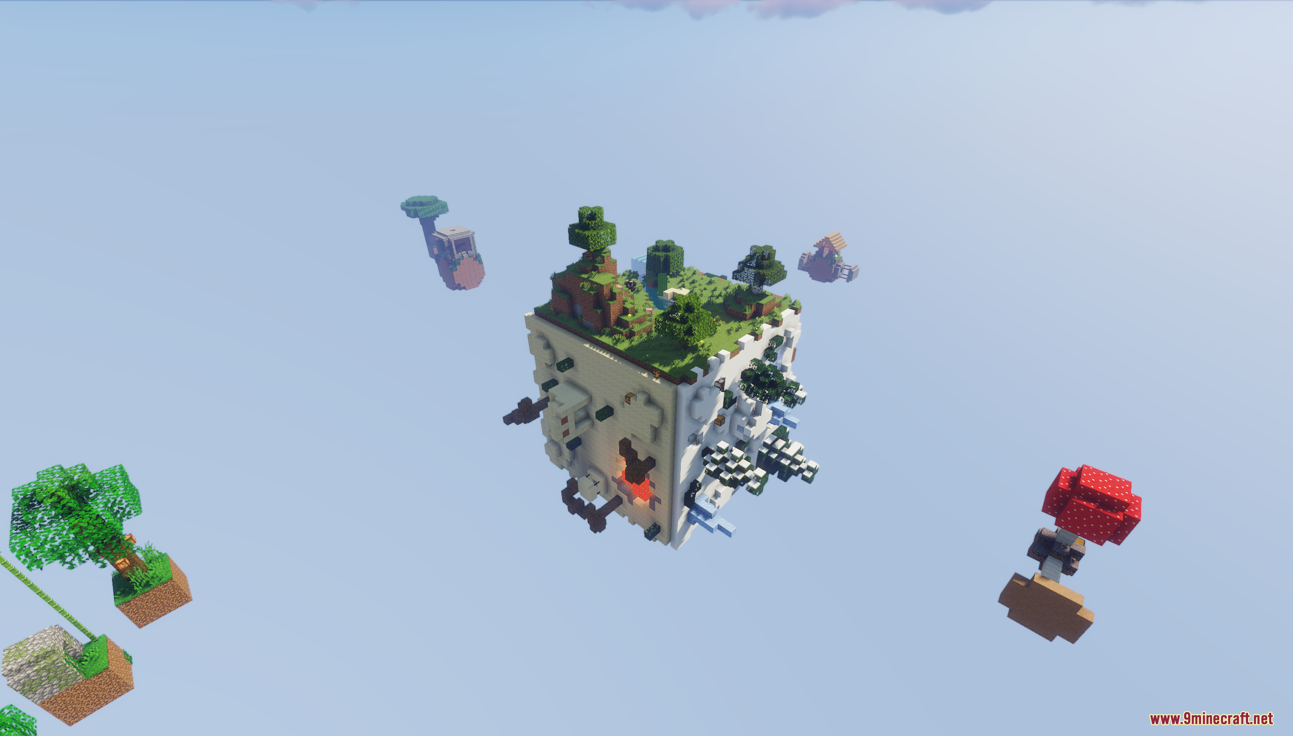 A large cube planet with biomes floating in the sky