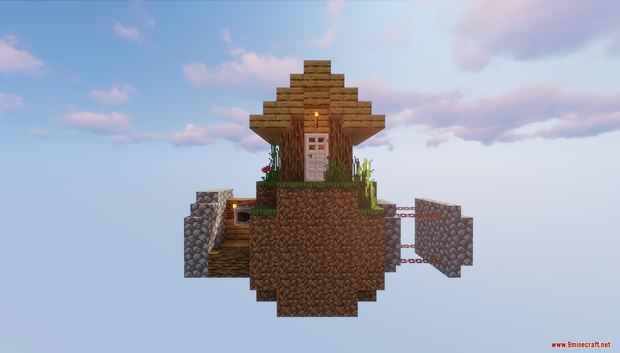 A small floating island with a wooden house and bridge