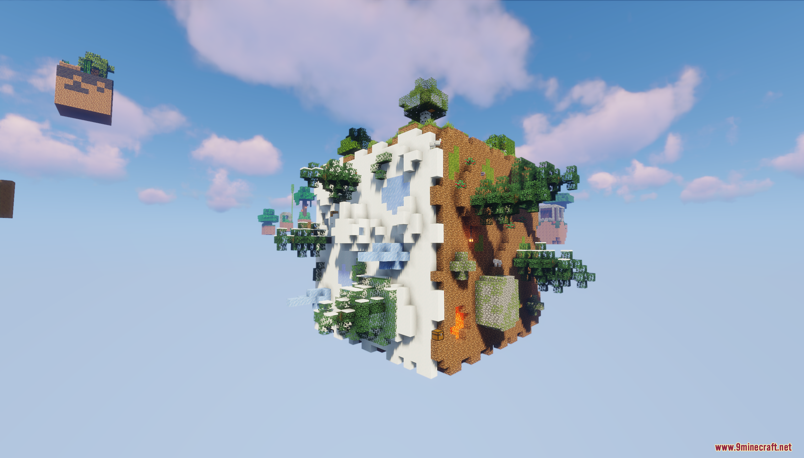A giant floating cube island with multiple biomes on its sides