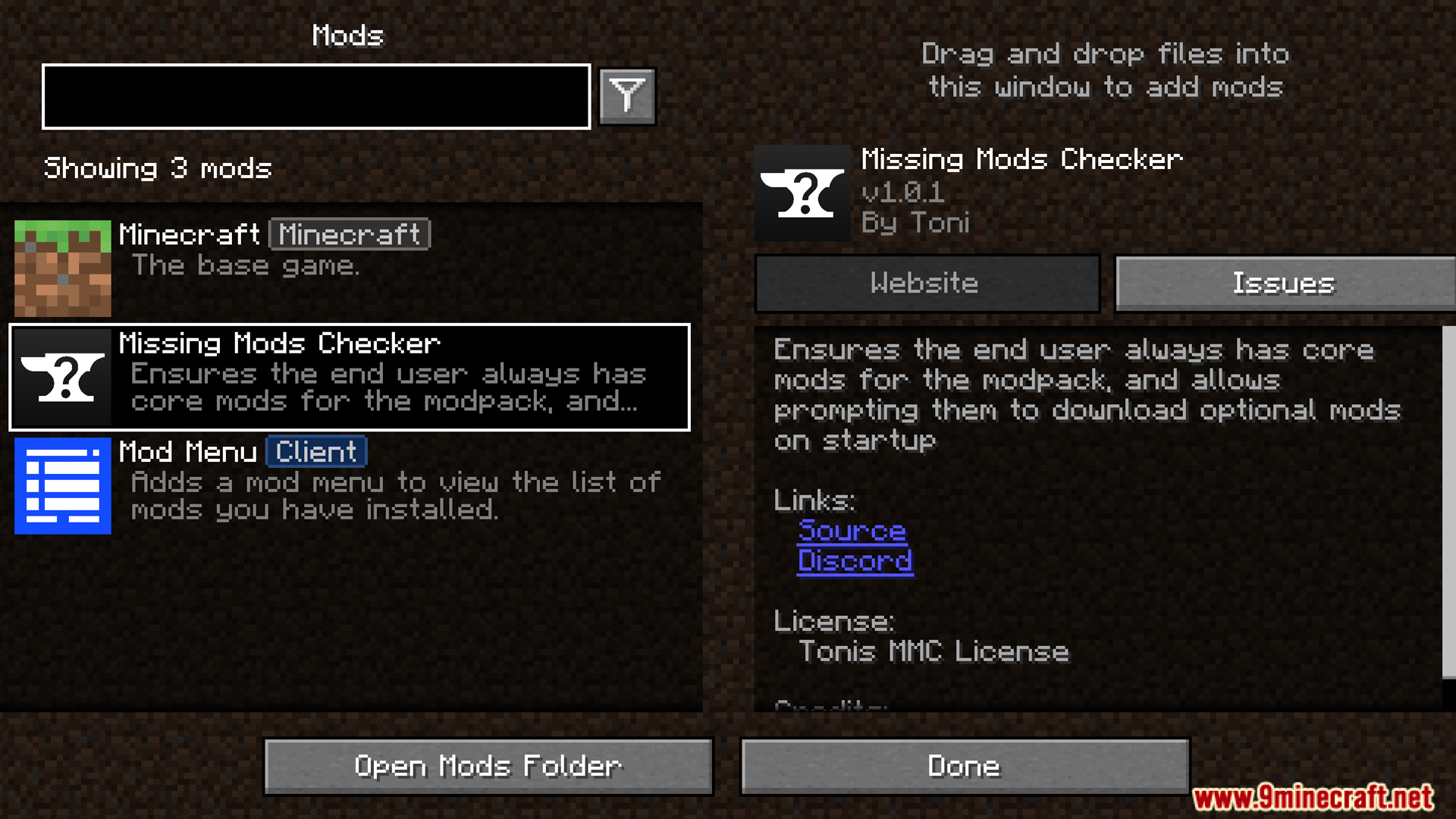 Mod menu showing Missing Mods Checker details