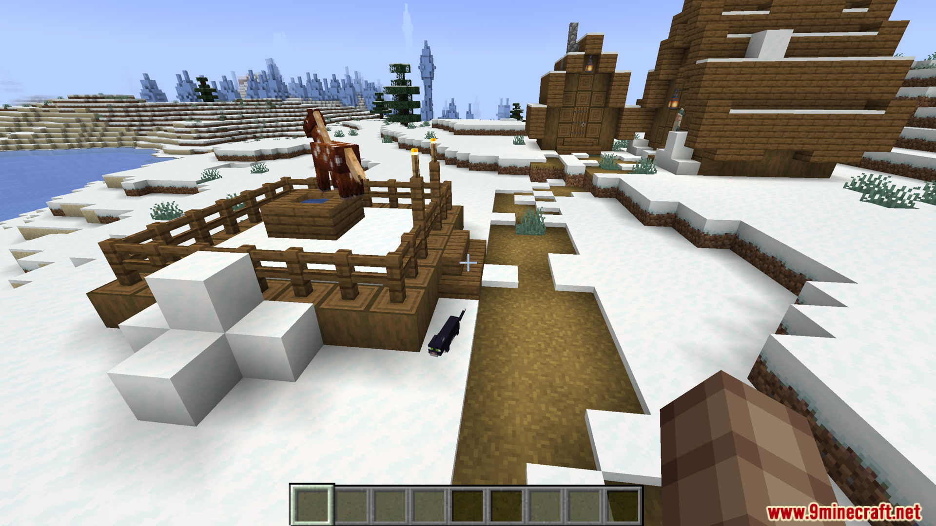 Horse inside a wooden fence in winter