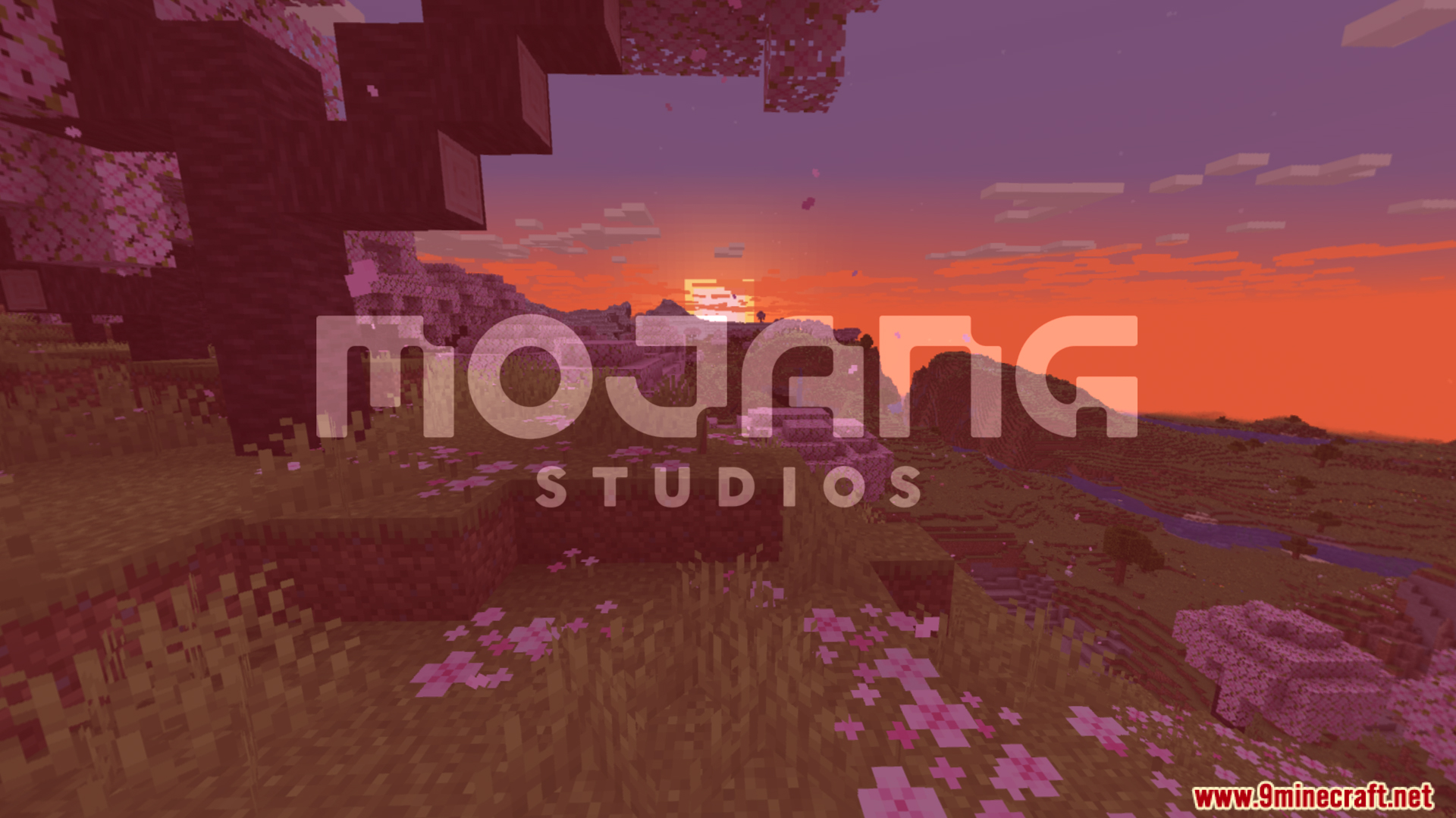 Mojang Studios logo against a sunset background