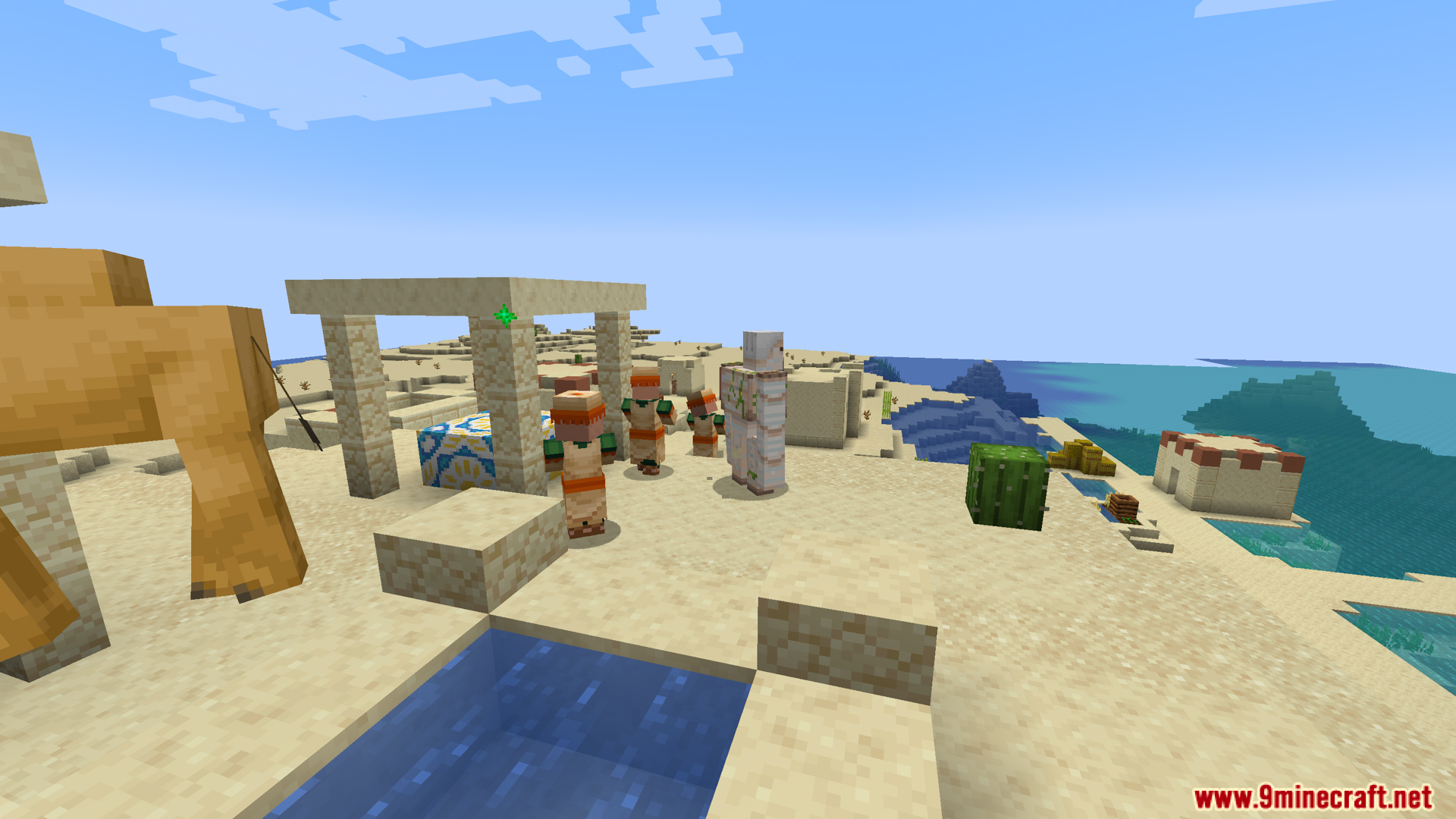 Desert village scene with villagers an iron golem and camel