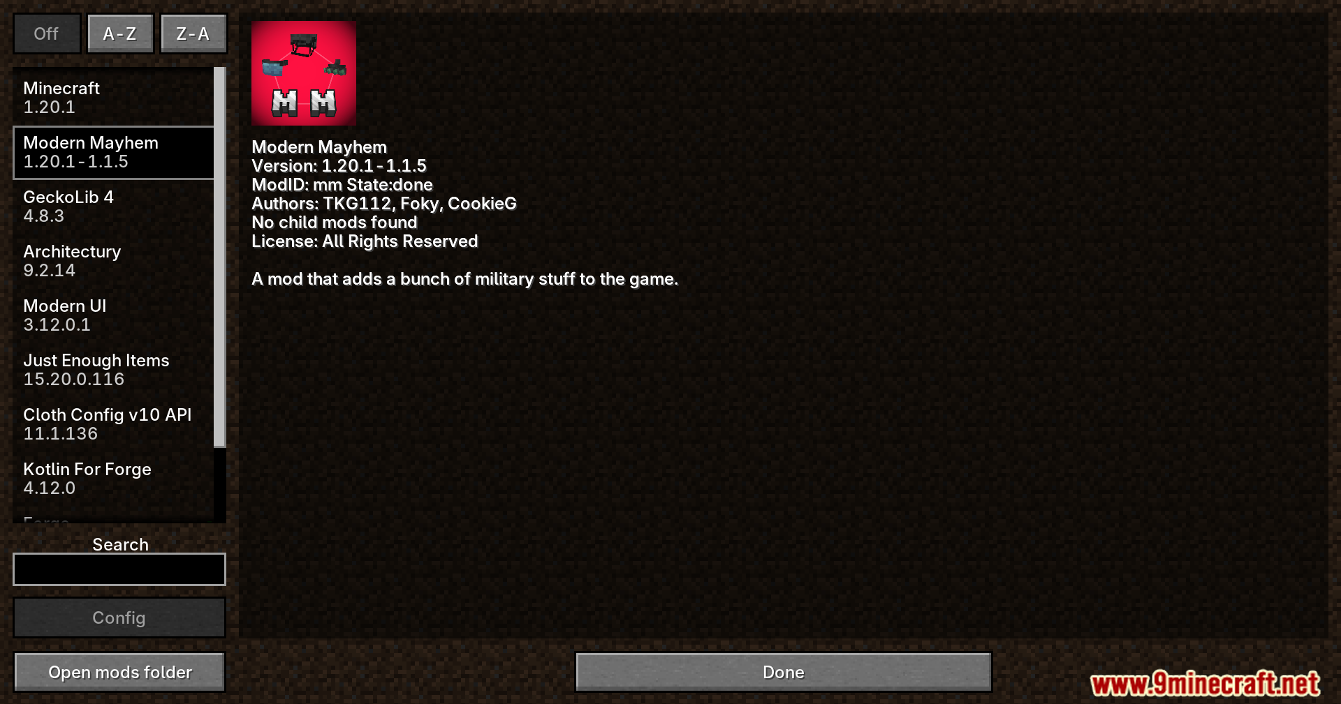 Modern Mayhem mod details in the mods menu screen
