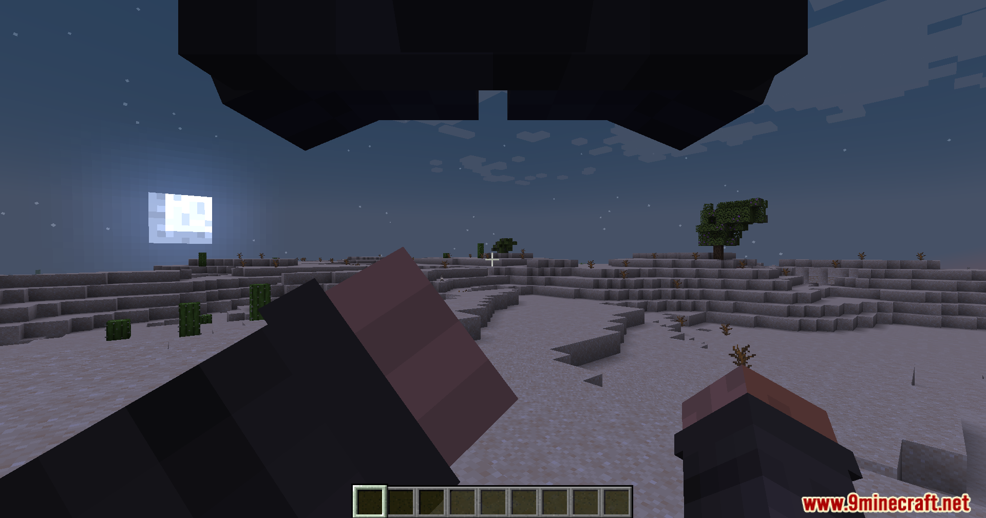 First person view holding an item in a desert