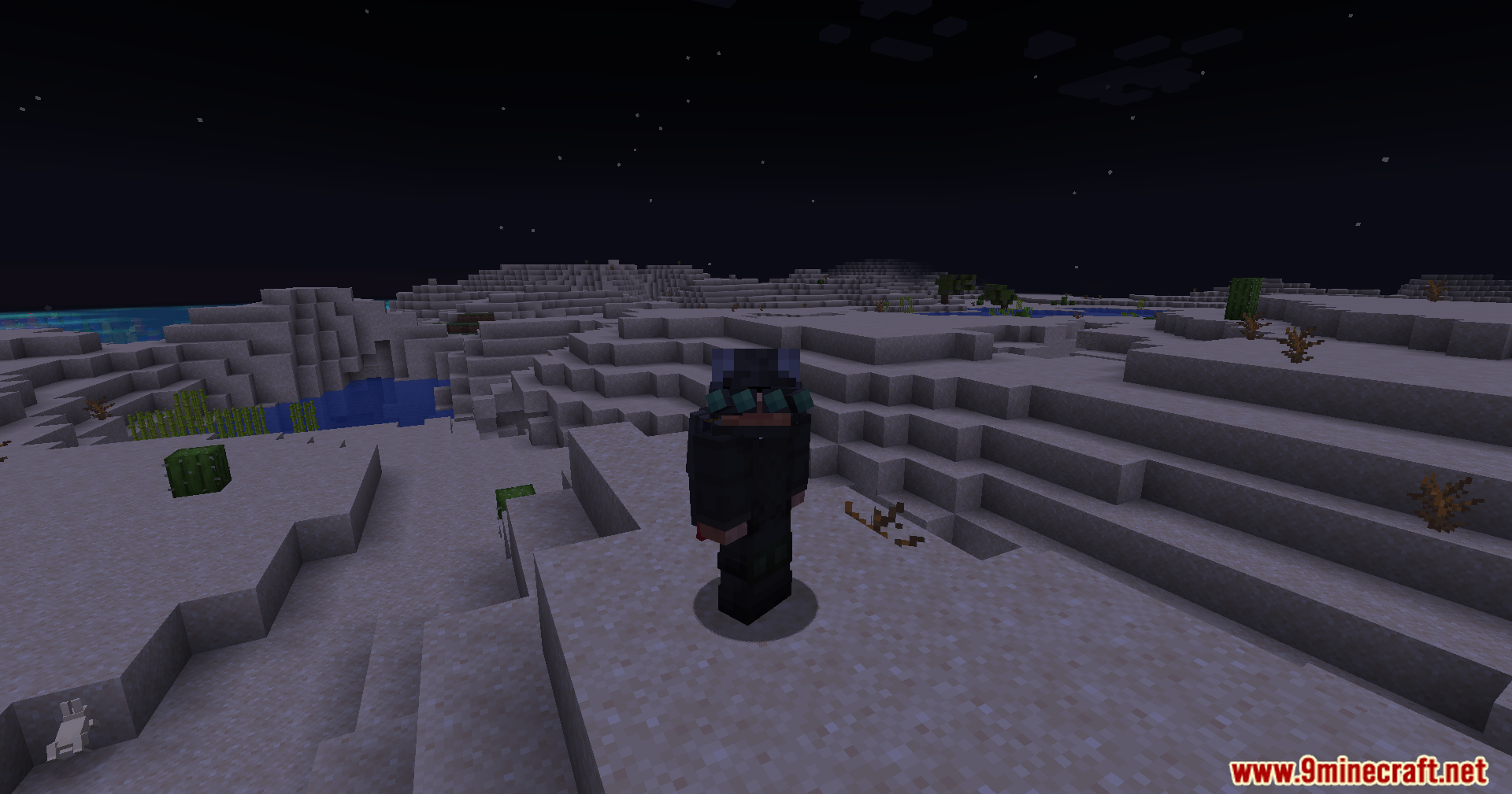 Player using night-vision goggles in a dark landscape