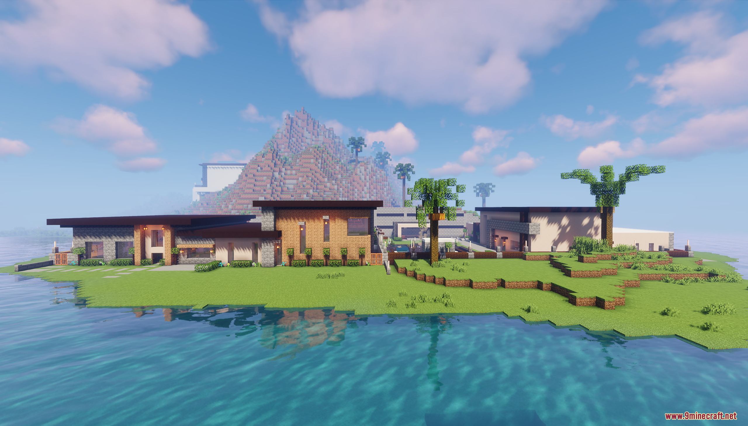 Wide view of modern houses on a private island map