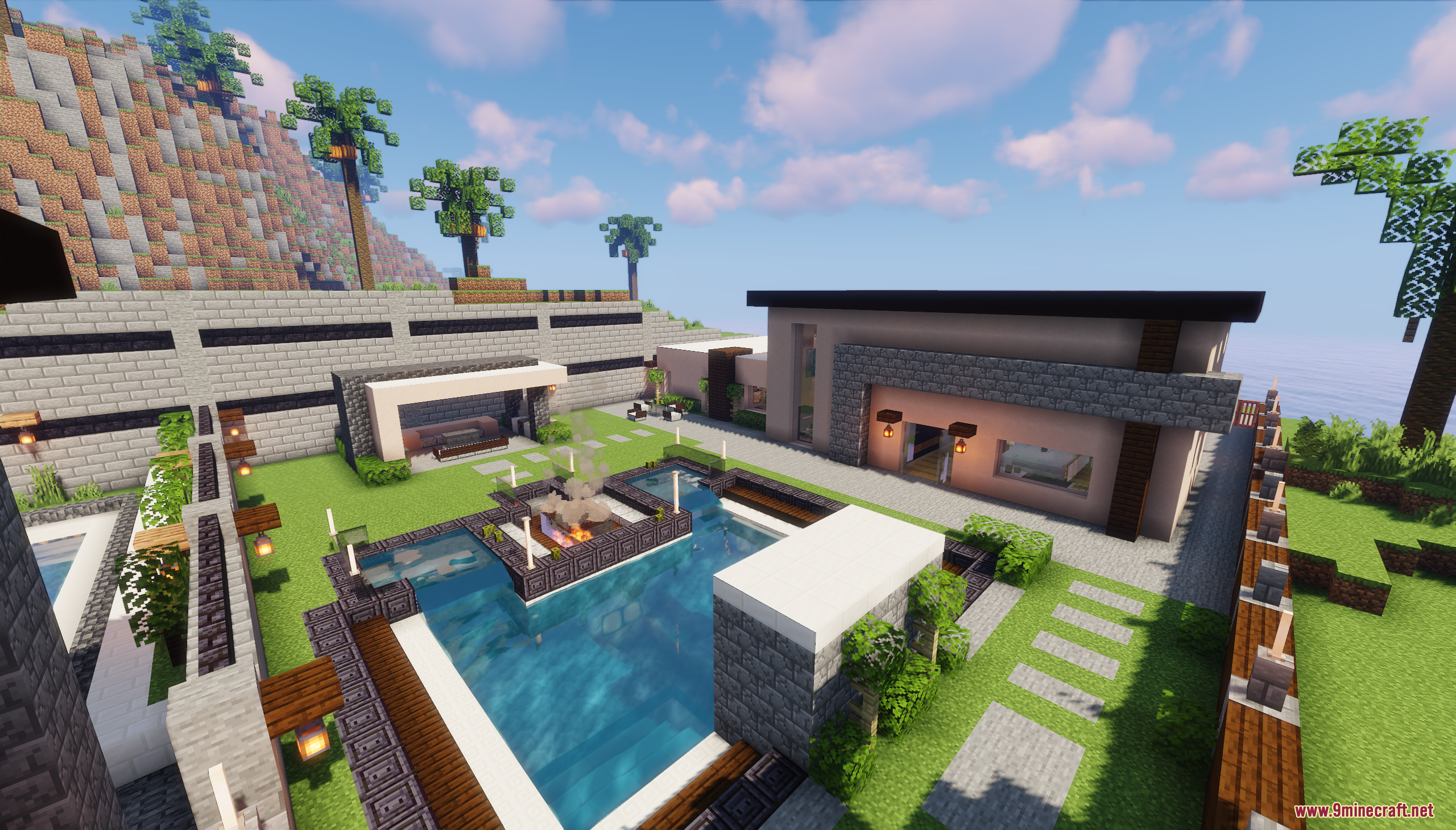 Detailed backyard of a modern home featuring a swimming pool