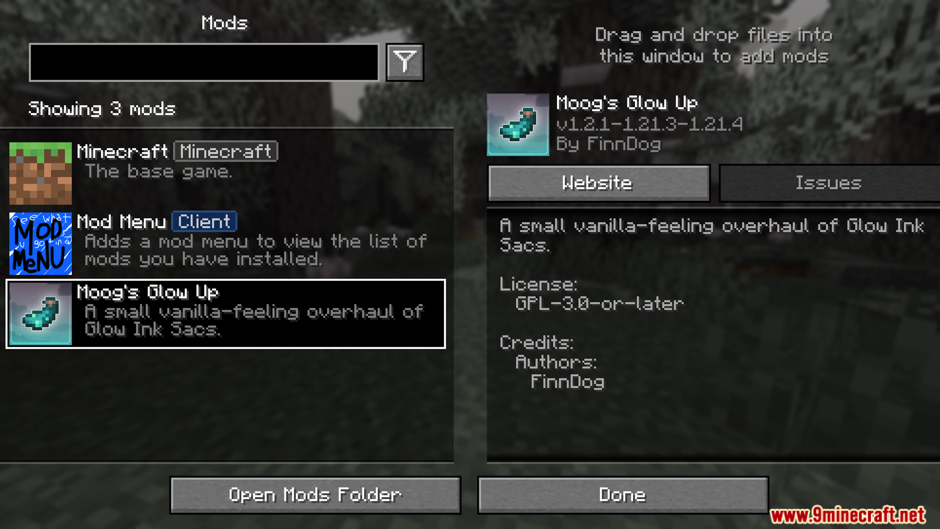 Moogs Glow Up mod in the Minecraft mods menu