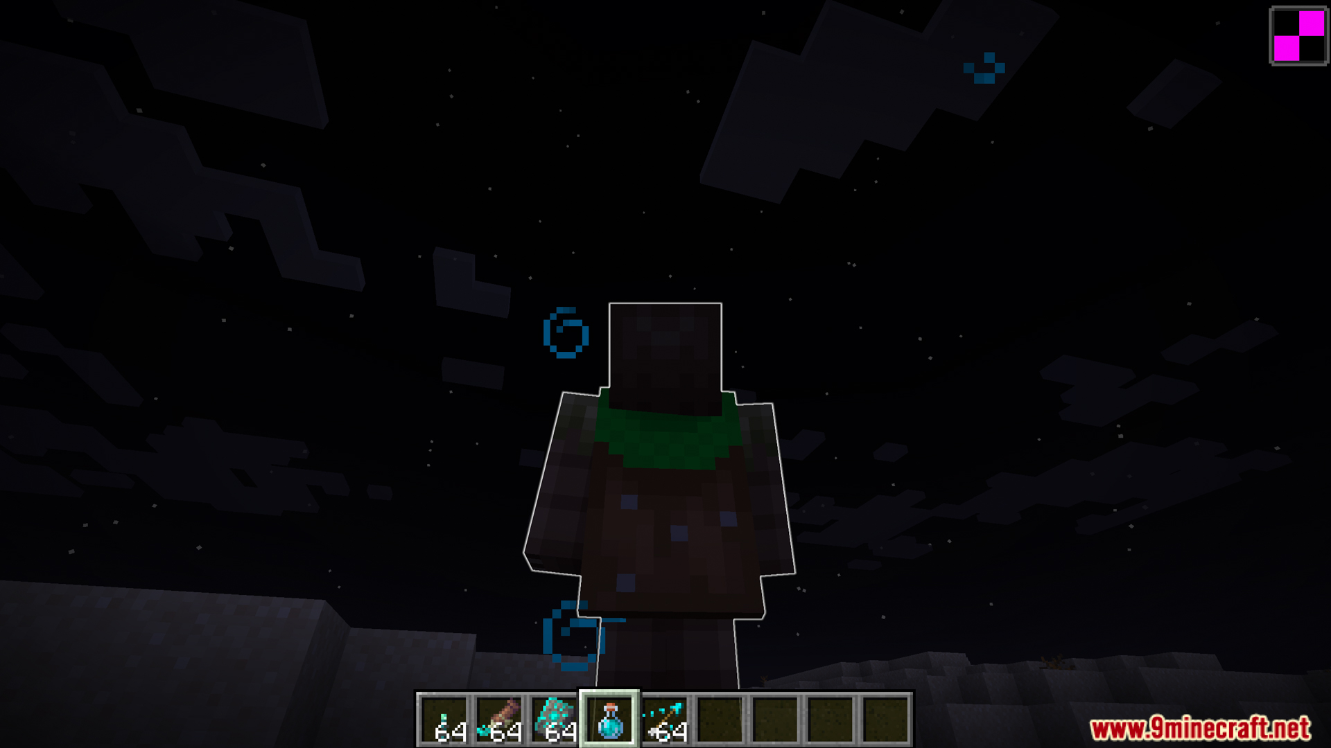 Back view of player with glowing cape and particles