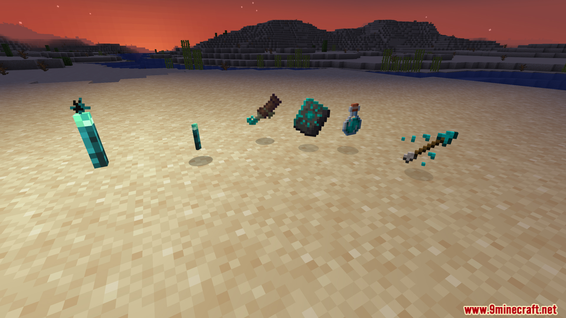 New glowing items from the mod on a sandy beach