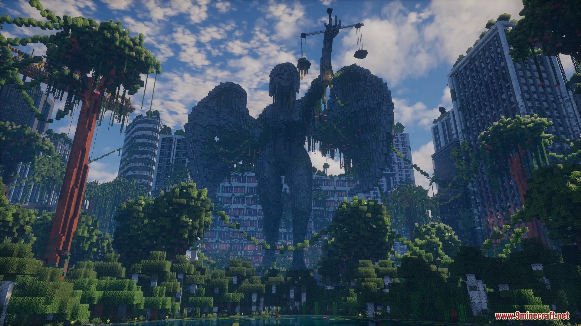 Giant ruined winged statue holding scales in an overgrown city