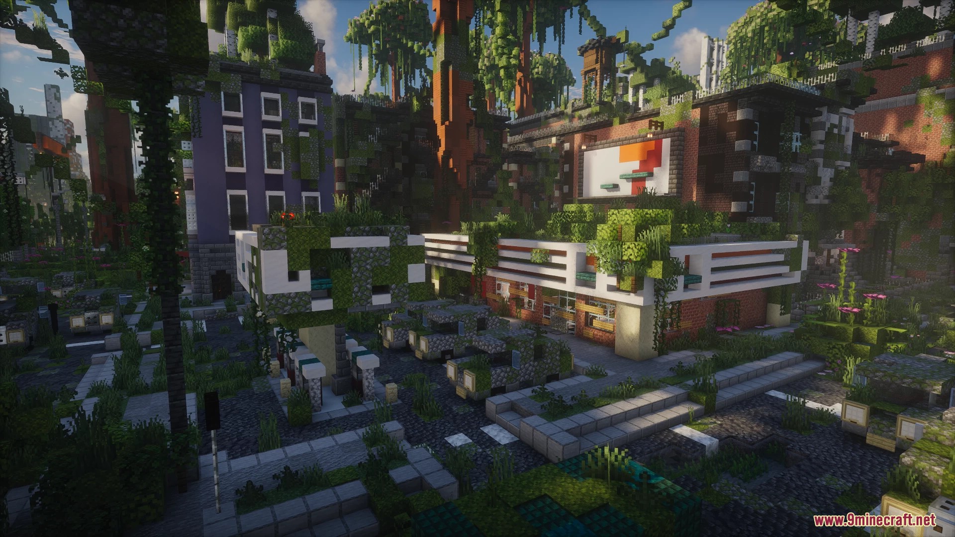 Abandoned city street featuring a ruined store covered in thick moss