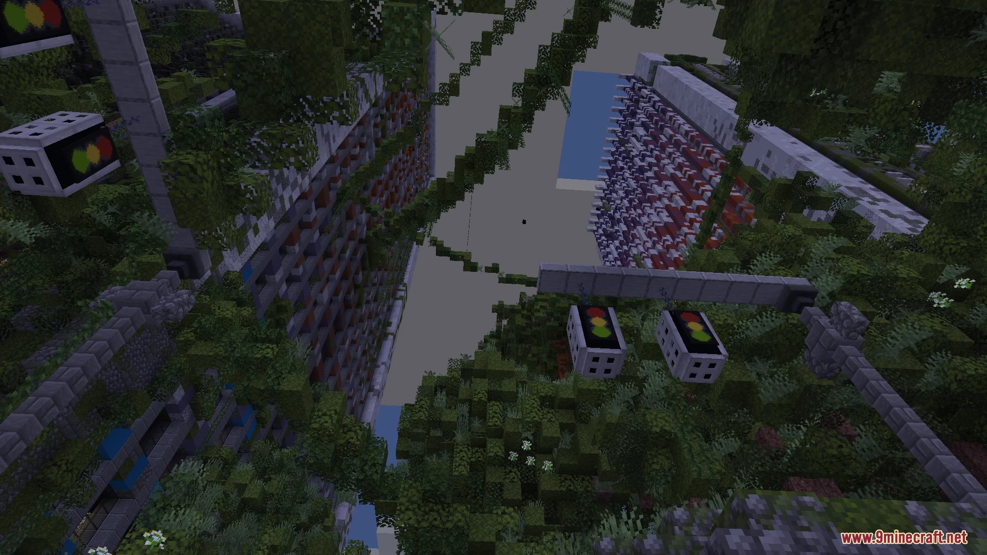 Deep chasm between ruined city buildings with floating traffic lights