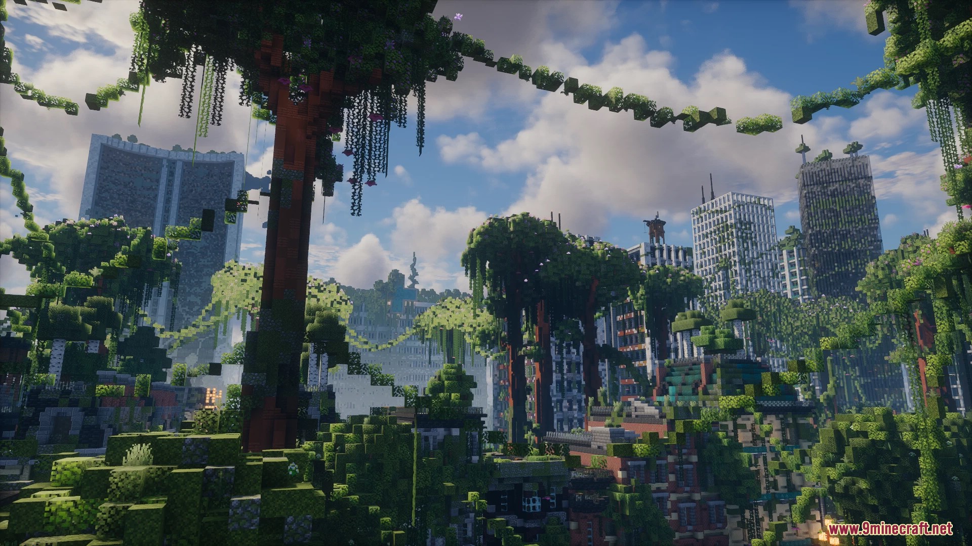Wide view of the Mosslorn overgrown city with massive custom trees