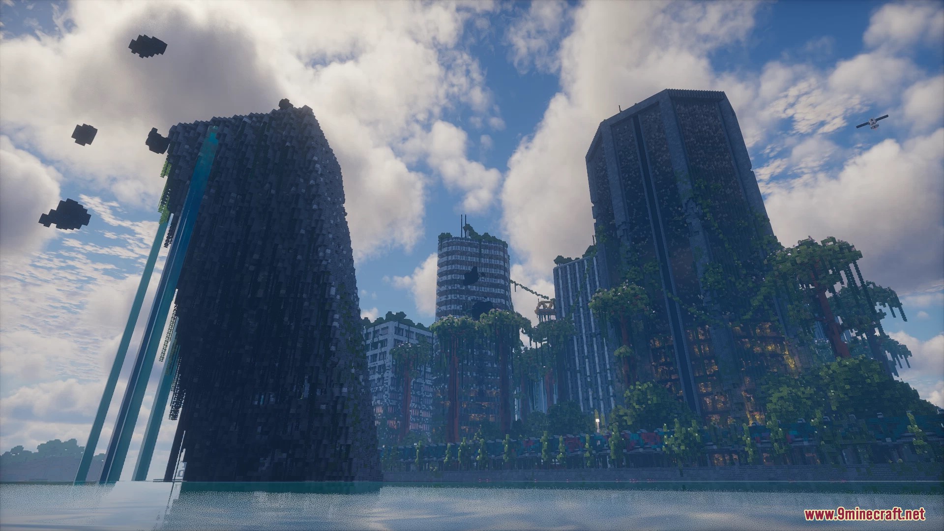Damaged city skyscrapers beside water with floating sculk blocks in sky