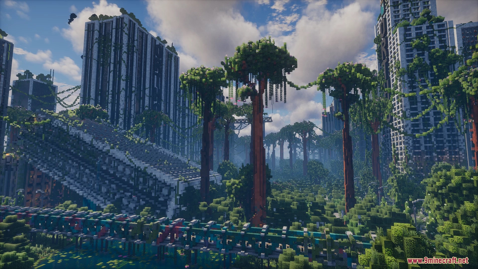 Massive ruined skyscrapers and giant trees in an overgrown city