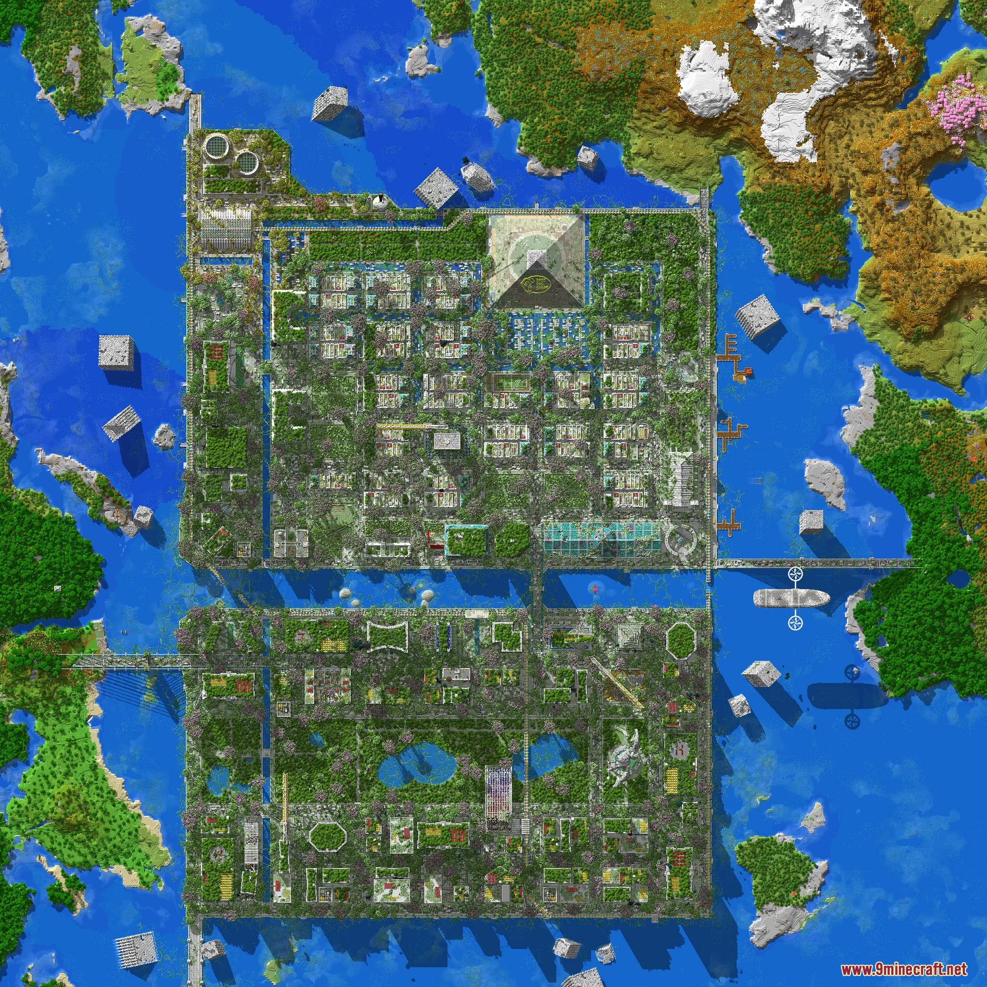 Aerial view of the giant square abandoned city with pyramid