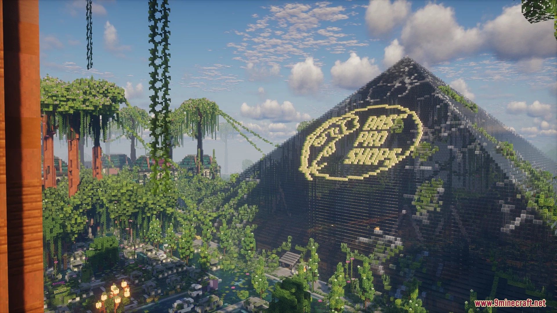 Overgrown pyramid building with Bass Pro Shops logo in ruined city