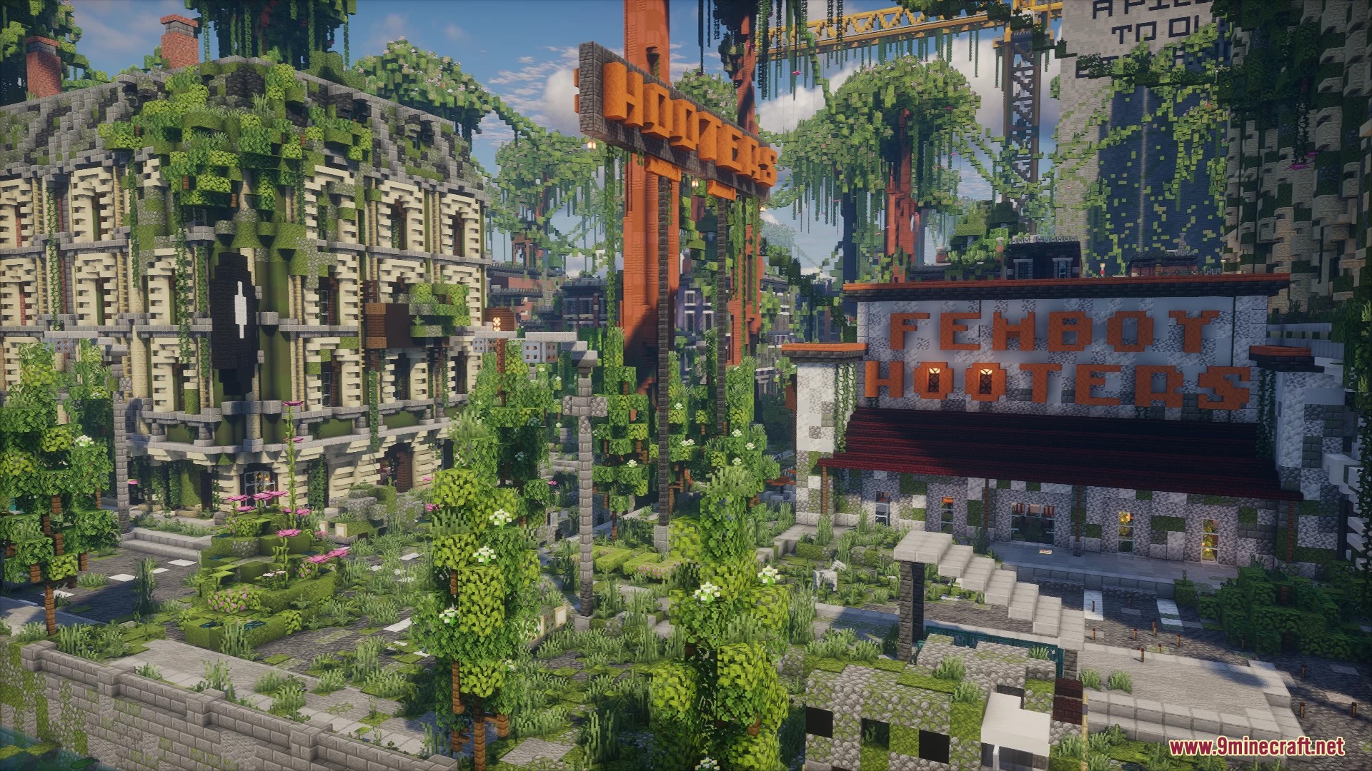 Ruined city streets featuring overgrown Hooters and Femboy Hooters buildings