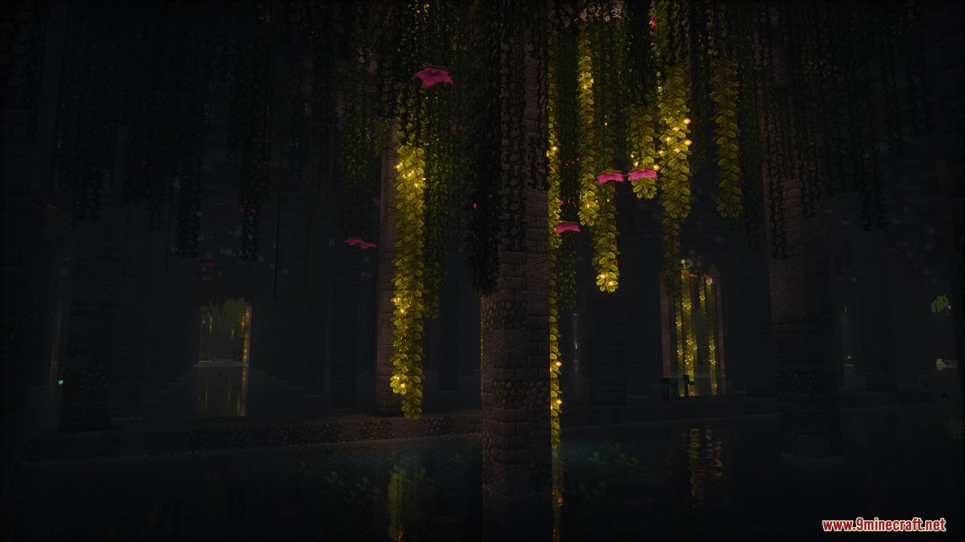 Dark flooded underground area with glowing hanging vines and large pillars
