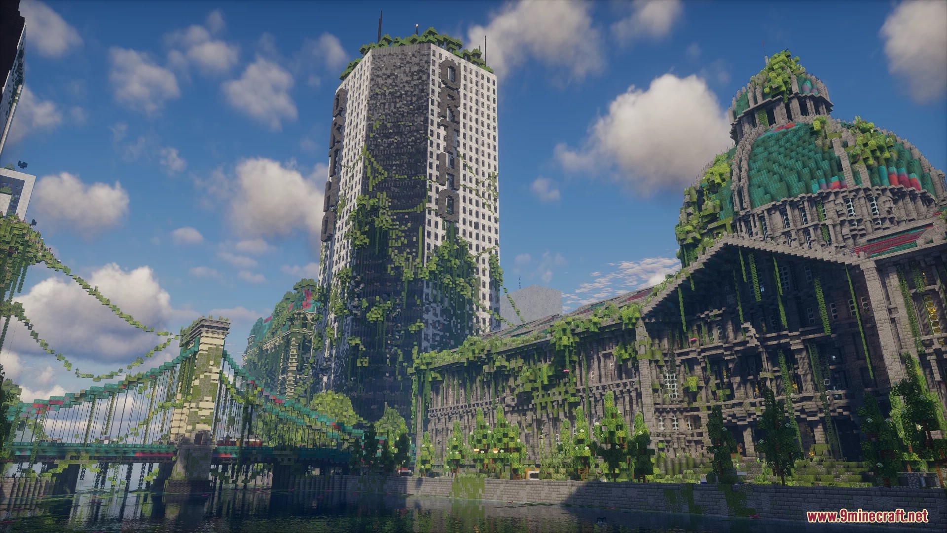 Overgrown ruined city featuring a massive ORTHO skyscraper and domed building