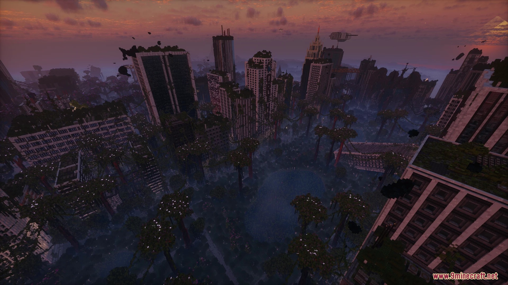 Aerial view of the ruined overgrown city with floating sculk blocks