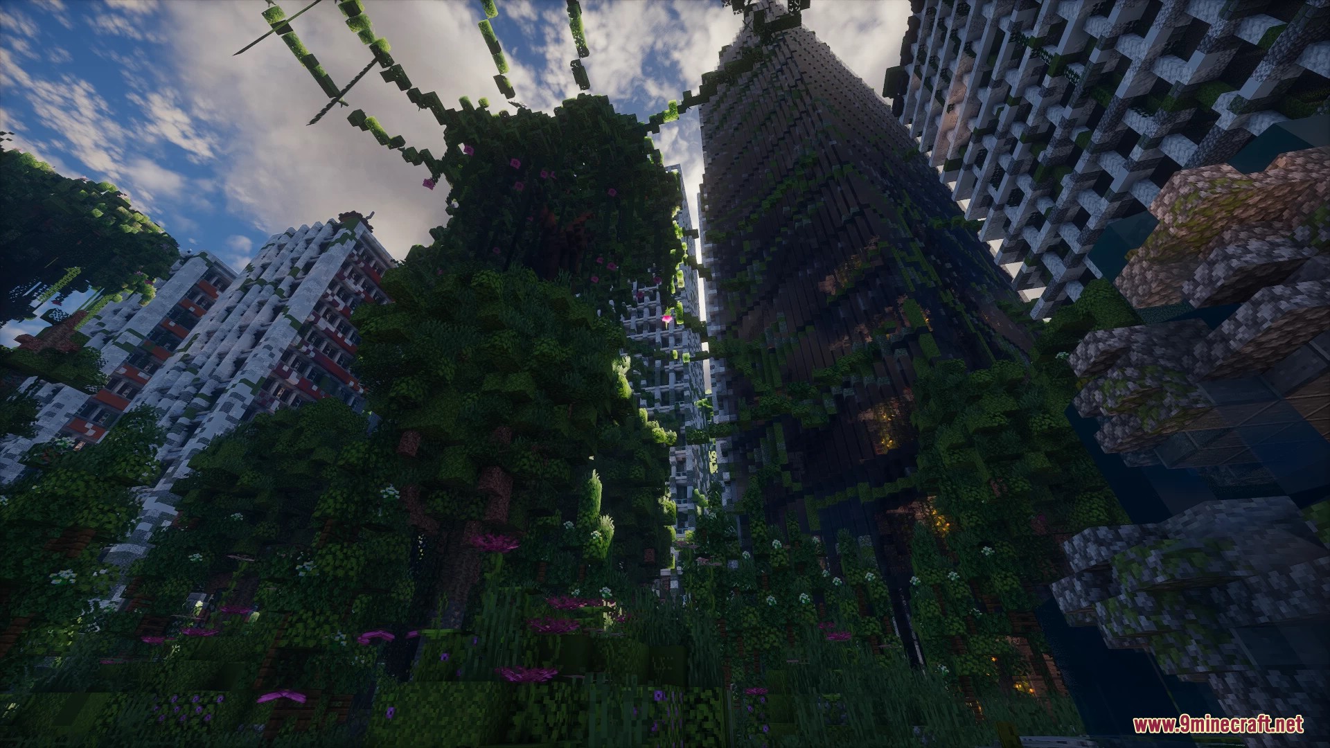 Overgrown ruined city skyscrapers covered in thick green vines and leaves