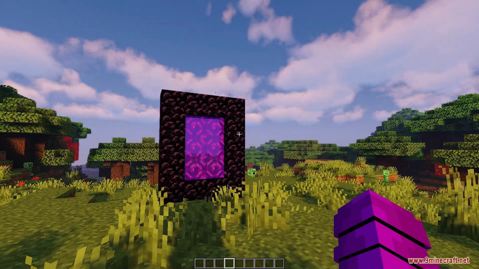 Active nether portal standing in a grassy plains biome during daytime