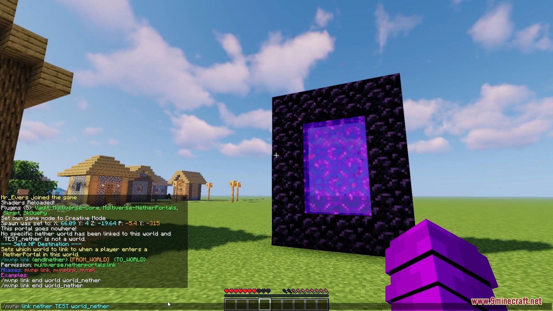 Player using Multiverse Netherportals command to link worlds in chat