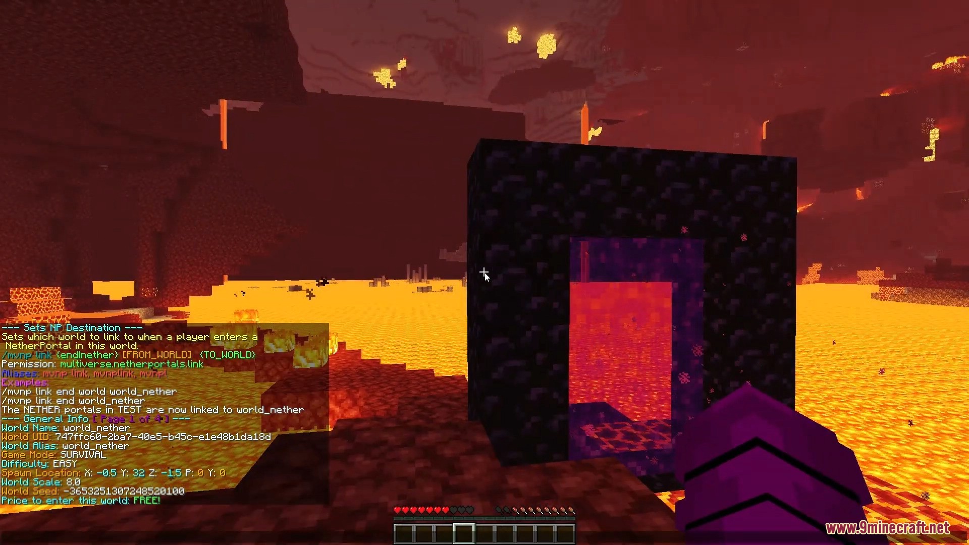 Player in the Nether standing near a lit obsidian portal block