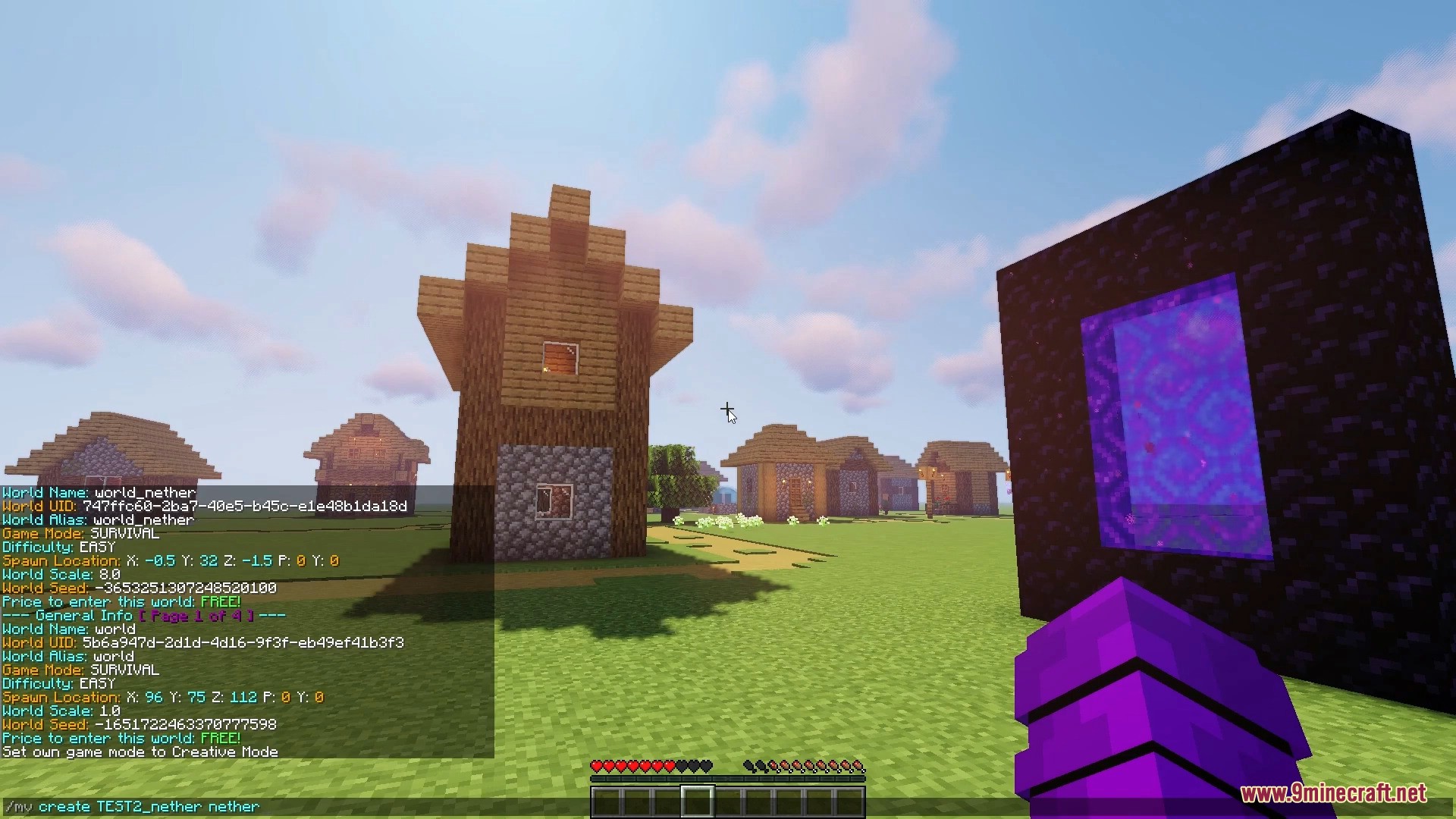 Player in Overworld village standing next to an active Nether portal