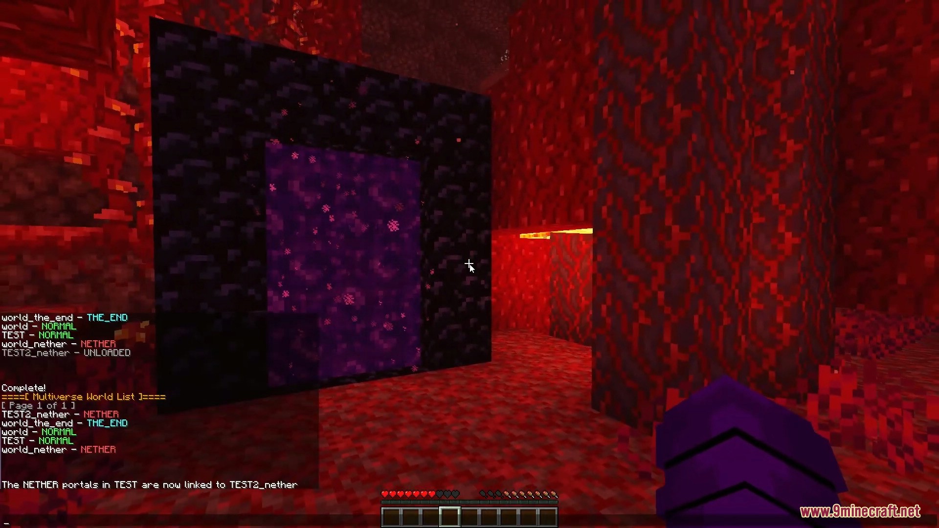 Player viewing Nether portal with Multiverse world list displayed in chat