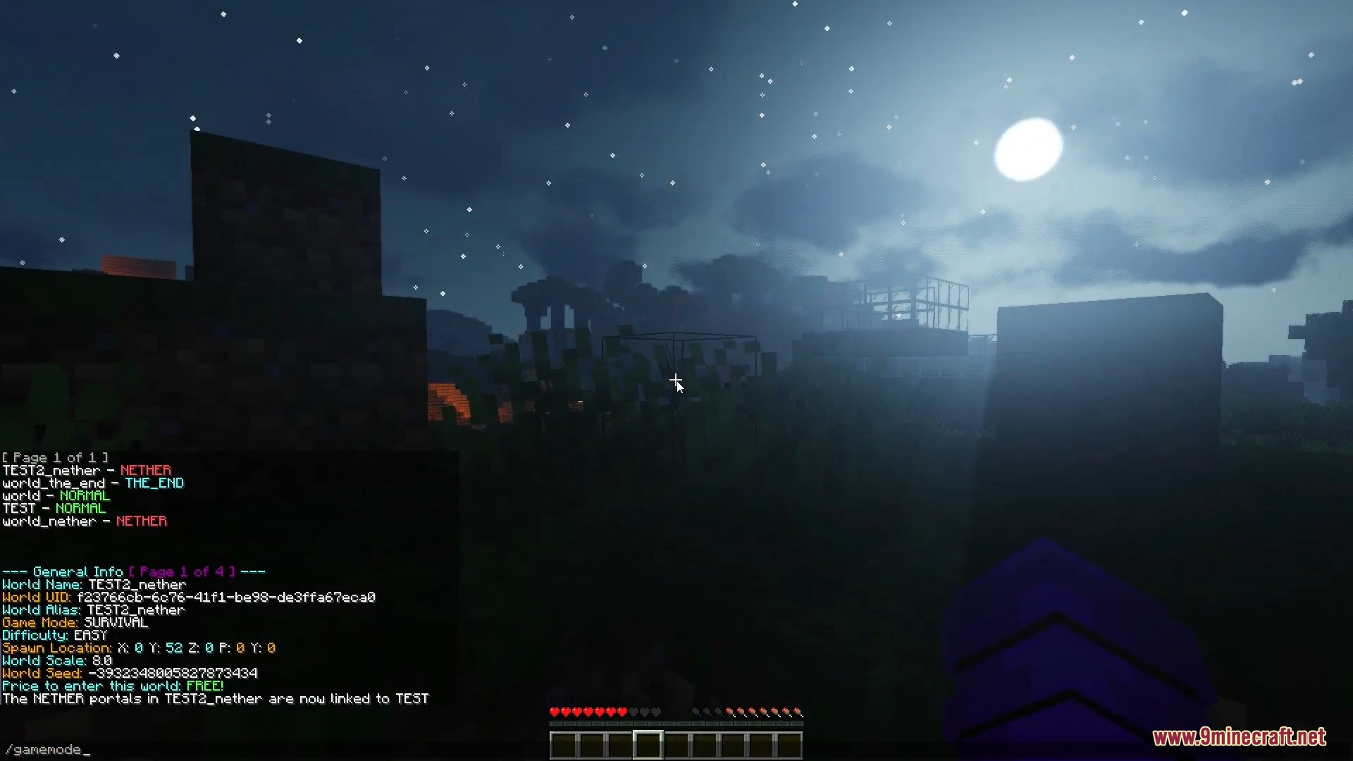 Player in Overworld at night with portal linking message in chat