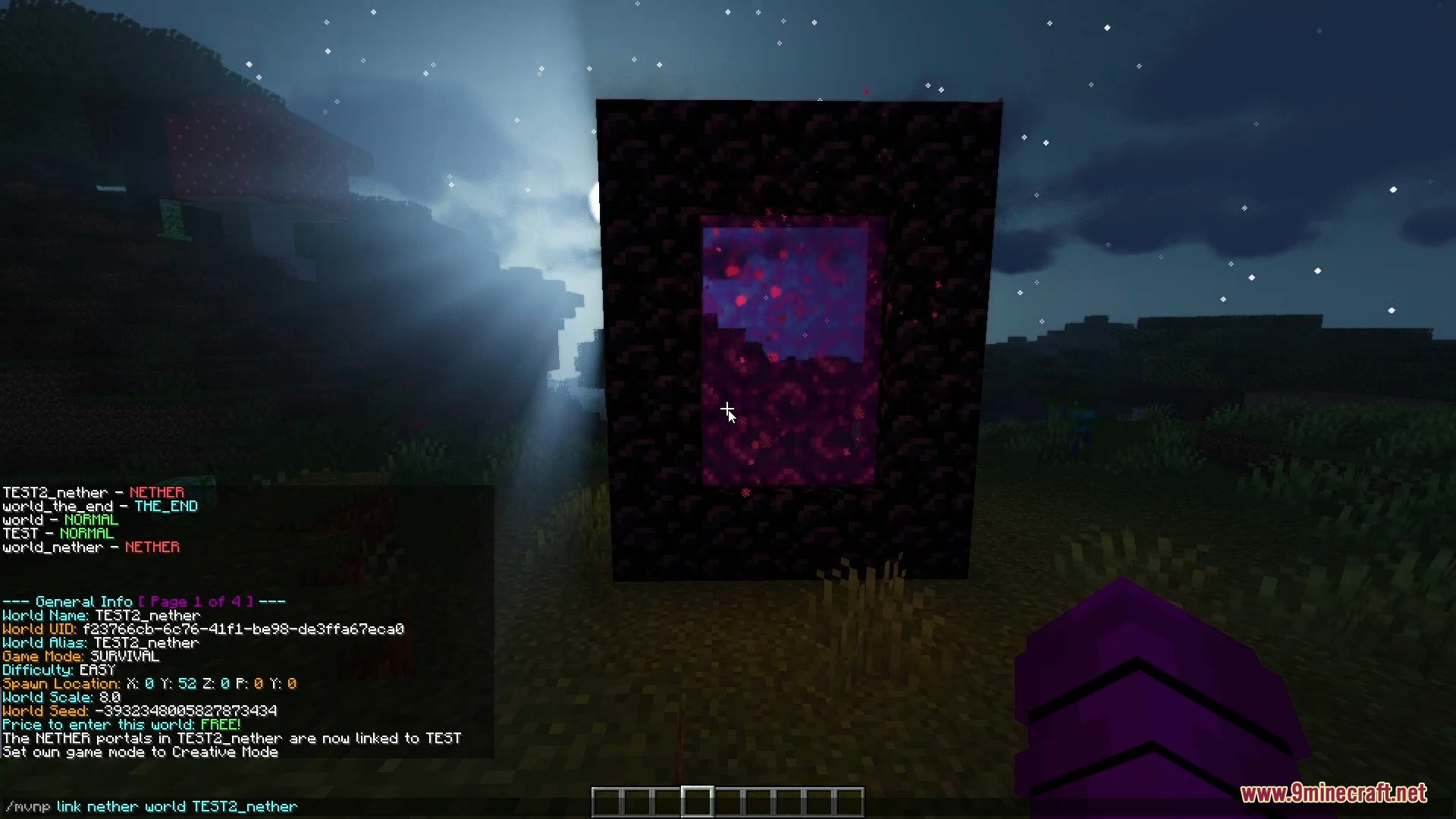 Player typing Multiverse Netherportals commands to link different game worlds