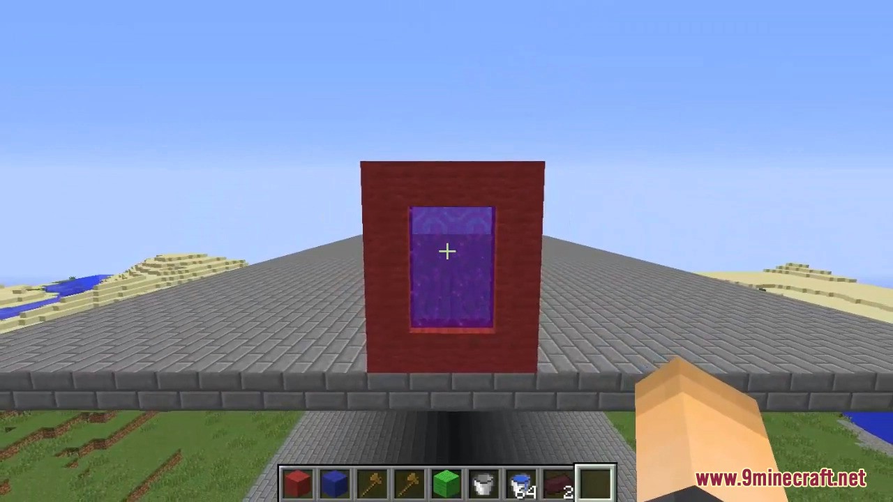 Custom red block portal with purple texture built on a platform